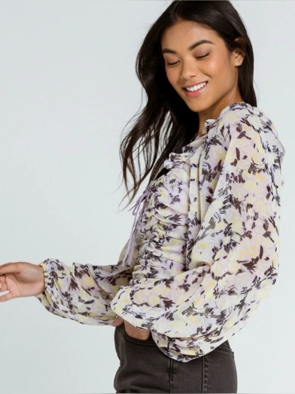 Free People | Lavender Floral Ruffle Smocked Puff-Sleeve Top